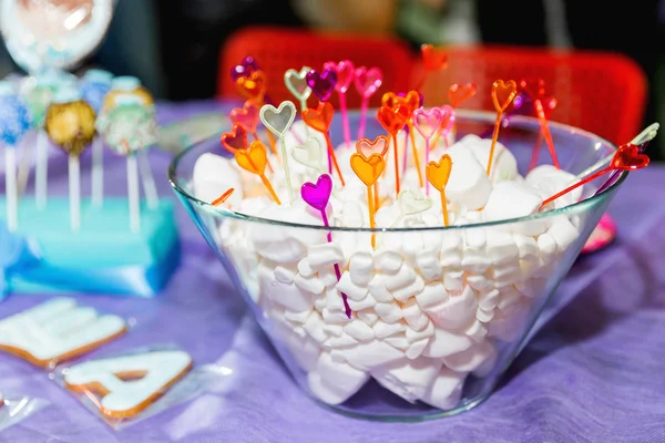 Bar Doces Festa Aniversário Infantil Mesa Decorada Com Marshmallow Para — Fotografia de Stock