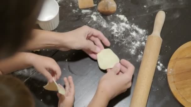 Vaření s dětmi. Matka a syn dělají knedlíky. — Stock video