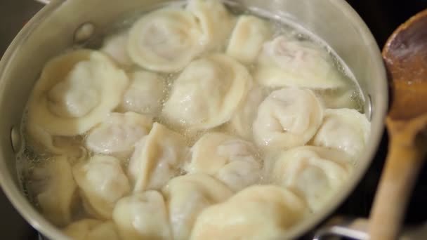 만 두 끓 러시아 요리의 전통적인 접시와 뜨거운 물. — 비디오