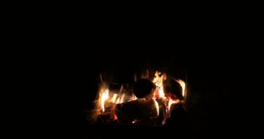 Yangında yanan odun. Ormanda kamp kış.