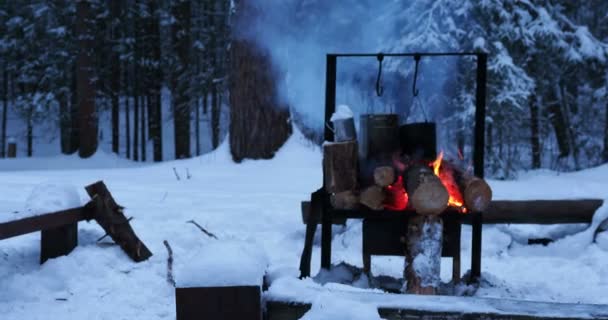 Cucinare zuppa su una pentola di fuoco. Sciogliere la neve come acqua per il tè. Campeggio invernale nella foresta . — Video Stock