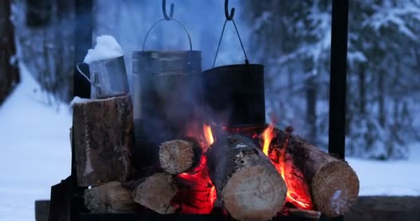 Cozinhar sopa em uma panela de fogo. Derreter a neve como água para o chá. Acampamento de inverno na floresta . — Vídeo de Stock