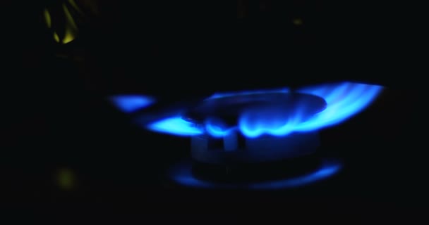 Las llamas azules del gas en la cocina de gas. Fuego en la estufa en la oscuridad . — Vídeos de Stock