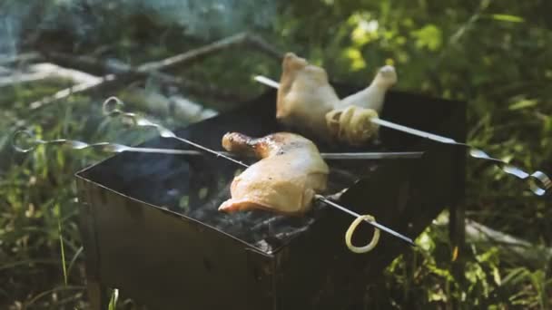 Bucăți de pui sunt coapte pe frigărui pe grătar. Coapsa de pui BBQ. Grătar în aer liber vara . — Videoclip de stoc