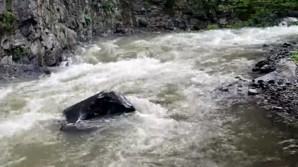 Rapido fiume di montagna scorre intorno alla città di Borjomi, Georgia paese . — Video Stock