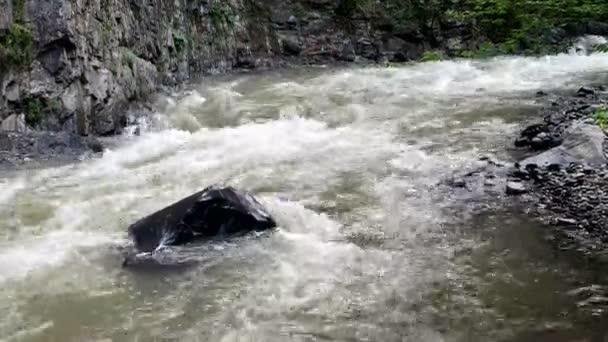 Borjomi şehirde, Georgia ülke hızlı dağ nehir akar. — Stok video