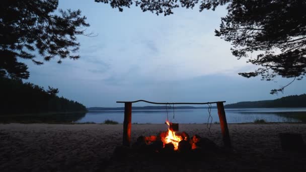 Gotowanie zupy w garnku ognia. Lato, wakacje na plaży. Park narodowy Kenozero, Rosja. — Wideo stockowe