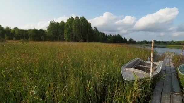 Lac et îles Kenozero. Vue sur lac et bateau depuis une jetée en bois. Parc national Kenozerskiy, Russie . — Video