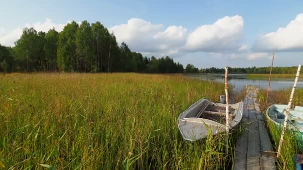 Lago e Islas Kenozero. Vista al lago y barco desde el muelle de madera. Parque nacional Kenozerskiy, Rusia . — Vídeos de Stock