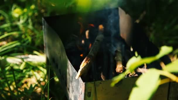 Izgara yanan odun. Barbekü, yemek pişirmek için hazırlanıyor yaz güneşli gün. — Stok video