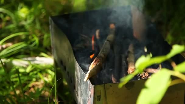 Izgara yanan odun. Barbekü, yemek pişirmek için hazırlanıyor yaz güneşli gün. — Stok video