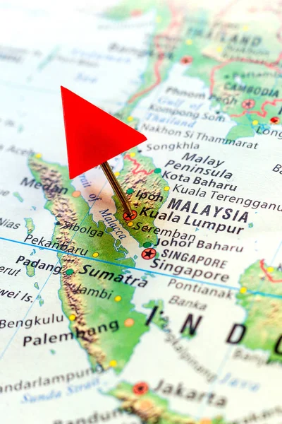 World map with pin on capital city of Malaysia - Kuala Lumpur.