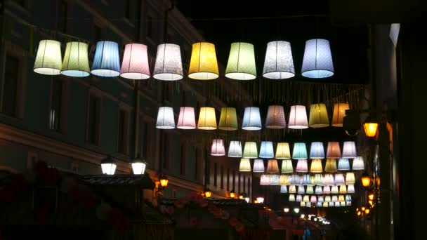 Street festival "Moscow Spring" in historical center of Moscow city. Lampshade decorations. Russia. — Stock Video