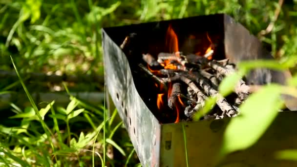 Brennholz im Grill verbrennen. Vorbereitung zum Kochen Grill, Sommer sonniger Tag. — Stockvideo