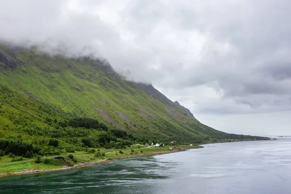 Prachtige Scandinavische landschap met weiden, bergen en fjorden. Lofoten eilanden, Noorwegen. — Stockfoto