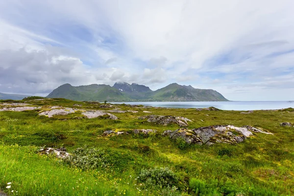Prachtig Scandinavisch landschap met weilanden, bergen en dorp. Lofoten, Noorwegen. — Stockfoto