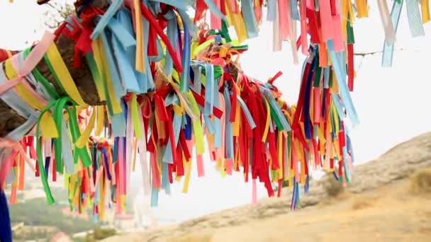 Multicolored fabric ribbons swaying in the wind. Ancient tradition of tying ribbons on tree branches to attract good luck and fulfillment of desires. Crimea. — Stock Video