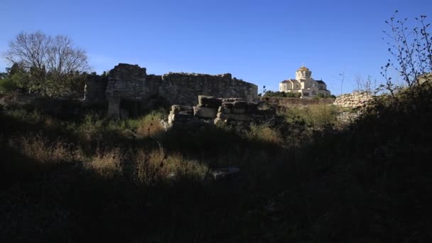 Ruínas Chersonesus Cidade Grega Antiga Perto Sevastopol Moderno Catedral Vladimirs — Vídeo de Stock