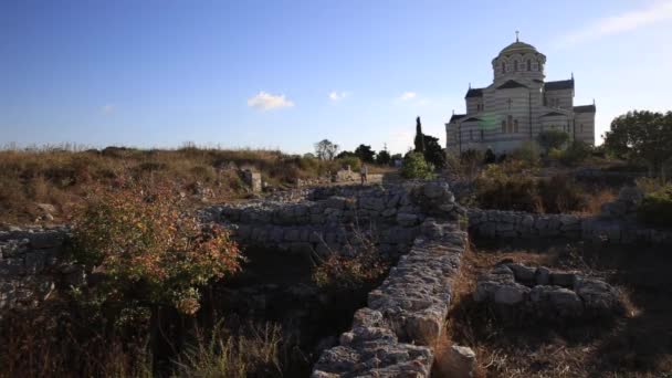 Las Ruinas Chersonesus Ciudad Antigua Griega Cerca Sebastopol Moderno Catedral — Vídeos de Stock