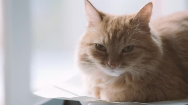 Schattige gember kat dozeren op stapel papier. Pluizig huisdier thuis. — Stockvideo