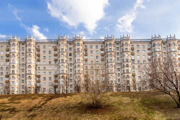 Apartment house on Taras Shevchenko embankment. Sample of Stalin's architecture. House with beautiful bay windows. View from Moscow-river. Historical residential complex in the center of Moscow, Russia.