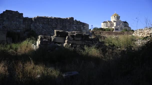 Ruins of Chersonesus - ancient Greek town near modern Sevastopol. St. Vladimirs Cathedral. UNESCO World Heritage Site. Crimea — Stock Video