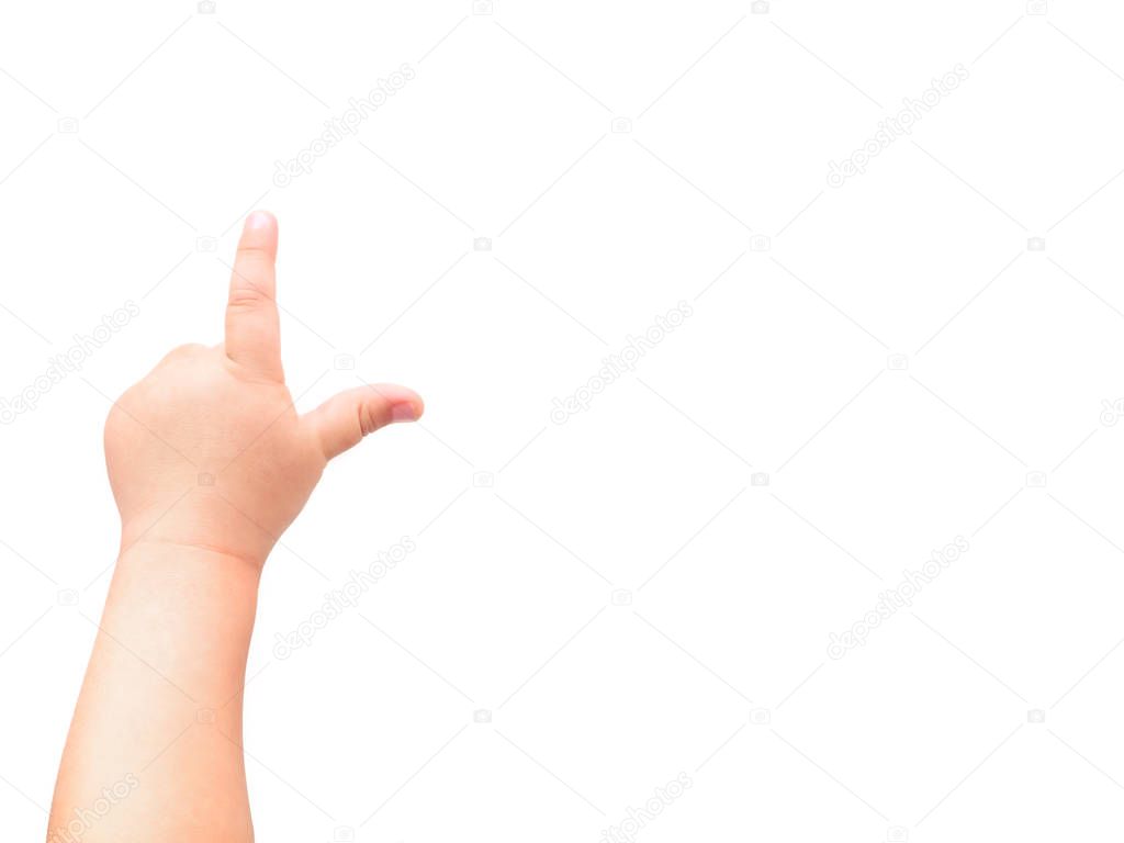 Child's hand on white background. The child points at something with his index finger. Flat lay, top view, copy space.