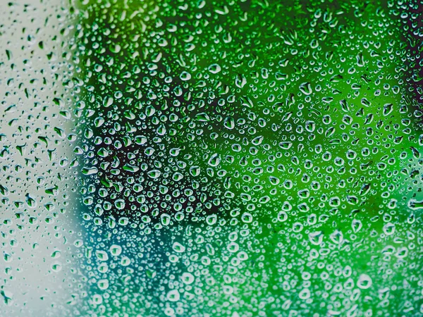 Déšť spadne na sklo. Siluety zelené vody klesají na průhledný povrch. — Stock fotografie