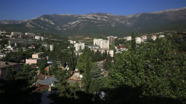 Aerial panorama view of Yalta town in sunny winter day. Crimea. — Stock Video