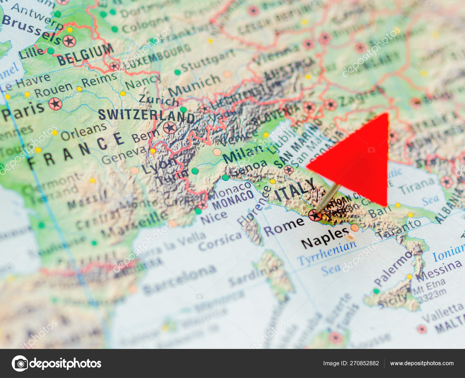 World Map With Focus On Italy Country With Capital City Rome Red Triangle Pin Stock Photo Image By C Aksenovko