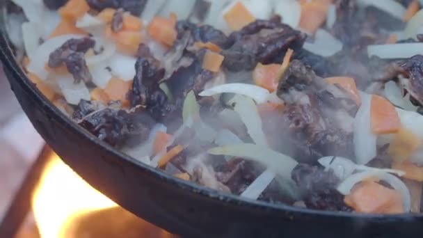 Setas fritas turísticas y cebollas en una sartén sobre el fuego. Hoguera en el bosque . — Vídeos de Stock