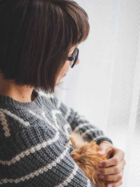 Cute Ginger Cat Dommelen op vrouw armen. Glimlachende vrouw in grijs gebreide trui streelde haar pluizige Pet. Gezellig huis. — Stockfoto