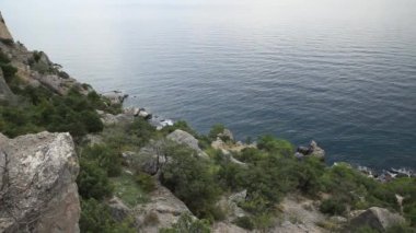 Caraul-Oba Dağı'ndan deniz manzarası. Ardıç kayanın üzerinde çalılar. Sudak, Kırım.