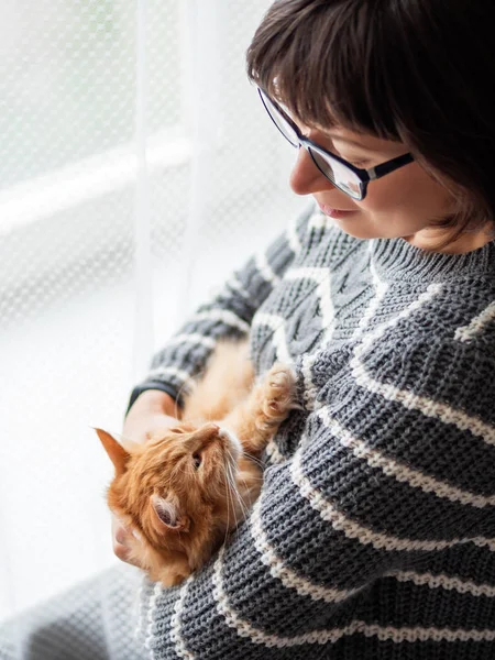 귀여운 생강 고양이 는 여자 팔에 도징. 그녀의 푹신한 애완 동물을 들고 회색 니트 스웨터에 미소 여자. 아늑한 집. — 스톡 사진