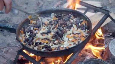 Turist kızarmış mantar ve soğan yangın üzerinde bir Pan. Ormanda kamp ateşi.