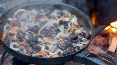 Turist kızarmış mantar ve soğan yangın üzerinde bir Pan. Ormanda kamp ateşi.