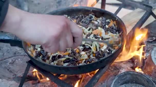 Touristen braten Pilze und Zwiebeln in einer Pfanne über dem Feuer. Lagerfeuer im Wald. — Stockvideo