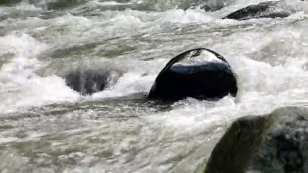 Snelle berg rivier stroomt rond Borjomi stad, land van Georgië. — Stockvideo
