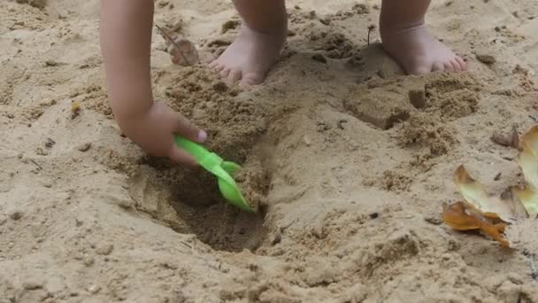 Menino está brincando com areia e moldes em caixa de areia. Caminhadas de bebê com os pés descalços no parque infantil. Atividades de lazer ao ar livre ,. — Vídeo de Stock