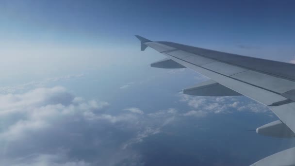 Visa på blå himmel och fluffiga vita moln genom fönstret på flygplanet. Naturskön utsikt från flygande flygplan. — Stockvideo