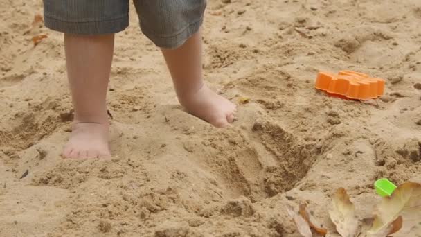 Niño pequeño está jugando con arena y moldes en la caja de arena. Bebé camina con los pies desnudos en el parque infantil. Actividades de ocio al aire libre ,. — Vídeos de Stock