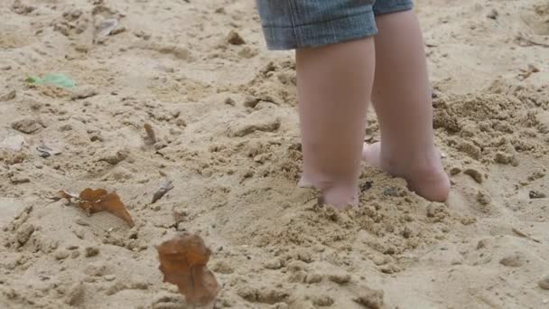 Menino está brincando com areia e moldes em caixa de areia. Caminhadas de bebê com os pés descalços no parque infantil. Atividades de lazer ao ar livre ,. — Vídeo de Stock