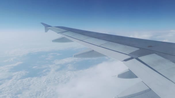 Vista sobre el cielo azul y nubes blancas esponjosas a través de la ventana del avión. Vista panorámica desde el avión volador . — Vídeos de Stock