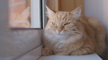 Pencere eşiküzerinde uyuklayan sevimli zencefilli kedi. Kabarık evcil hayvanın yavaş çekim görüntülerini kapatın.