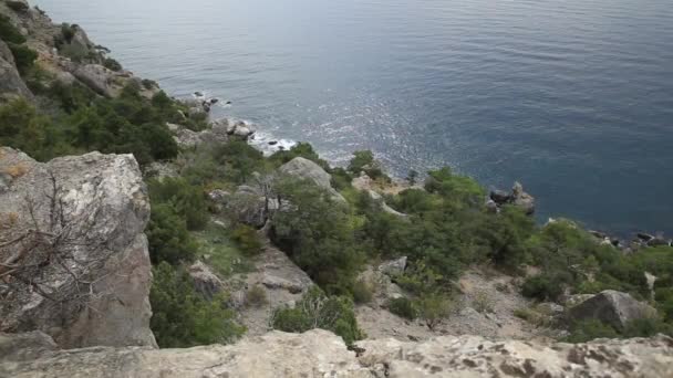 Un mantello marino dalla montagna Caraul-Oba. Cespugli di ginepro sulla roccia. Sudak, Crimea . — Video Stock