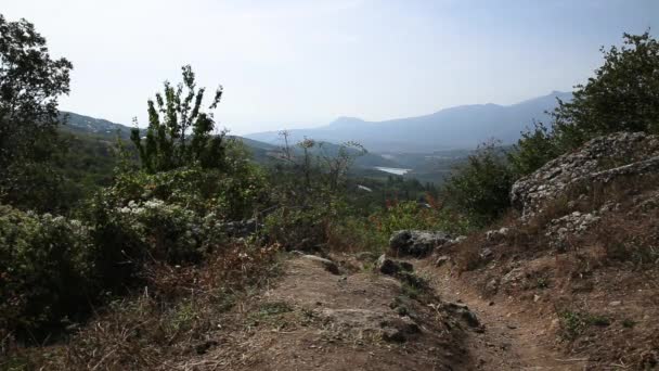 Camino al famoso Valle Fantasma con rocas de forma extraña. Montañas Demerdji. Crimea — Vídeos de Stock