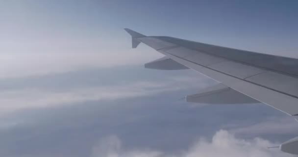 Vista sobre el cielo azul y nubes blancas esponjosas a través de la ventana del avión. Vista panorámica desde el avión volador . — Vídeos de Stock