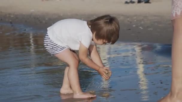 Toddler boy in swimwear is playing with sand on sea side. — Stock Video