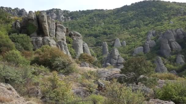 Célèbre vallée fantôme avec des roches étrangement formées. Les montagnes Demerdji. Crimée — Video
