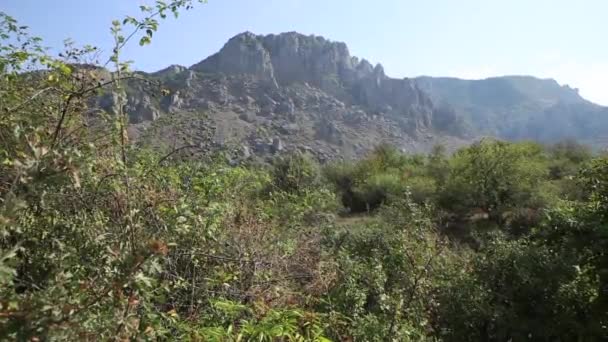 Camino al famoso Valle Fantasma con rocas de forma extraña. Montañas Demerdji. Crimea — Vídeos de Stock